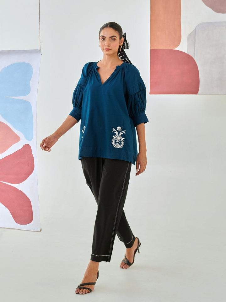 Teal Embroidered Top With Balloon Sleeves
