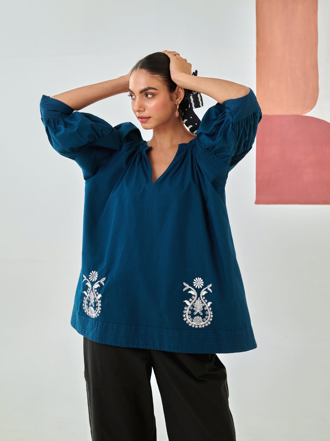 Teal Embroidered Top With Balloon Sleeves