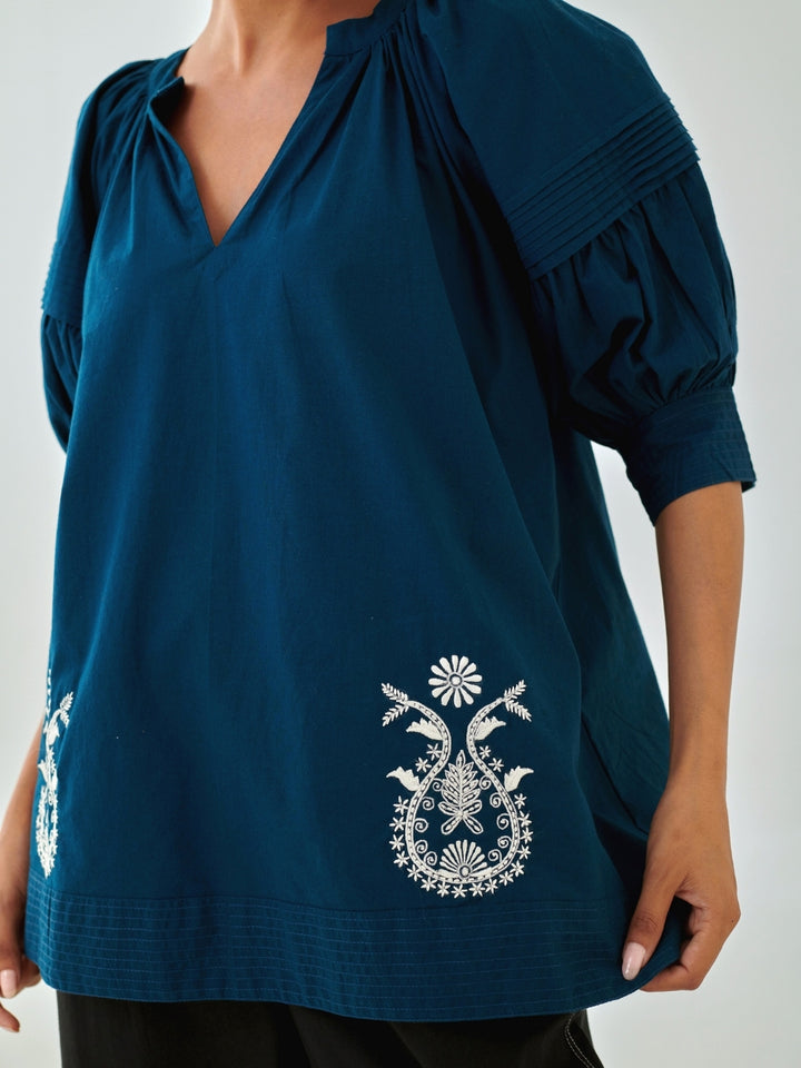 Teal Embroidered Top With Balloon Sleeves