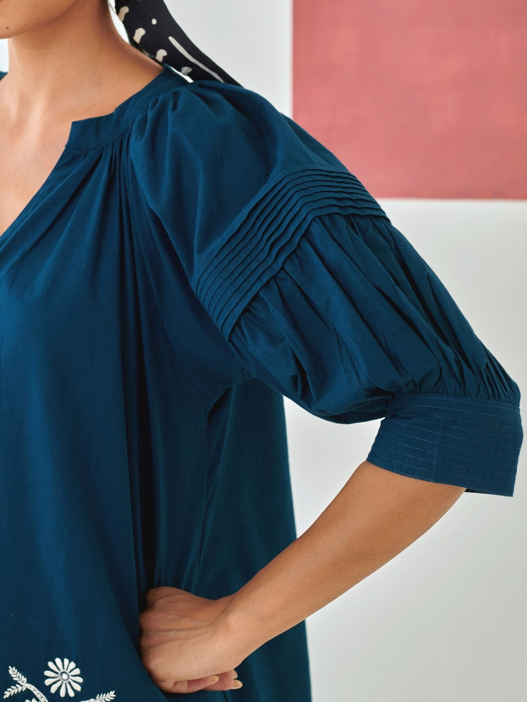 Teal Embroidered Top With Balloon Sleeves