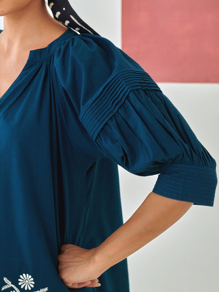 Teal Embroidered Top With Balloon Sleeves