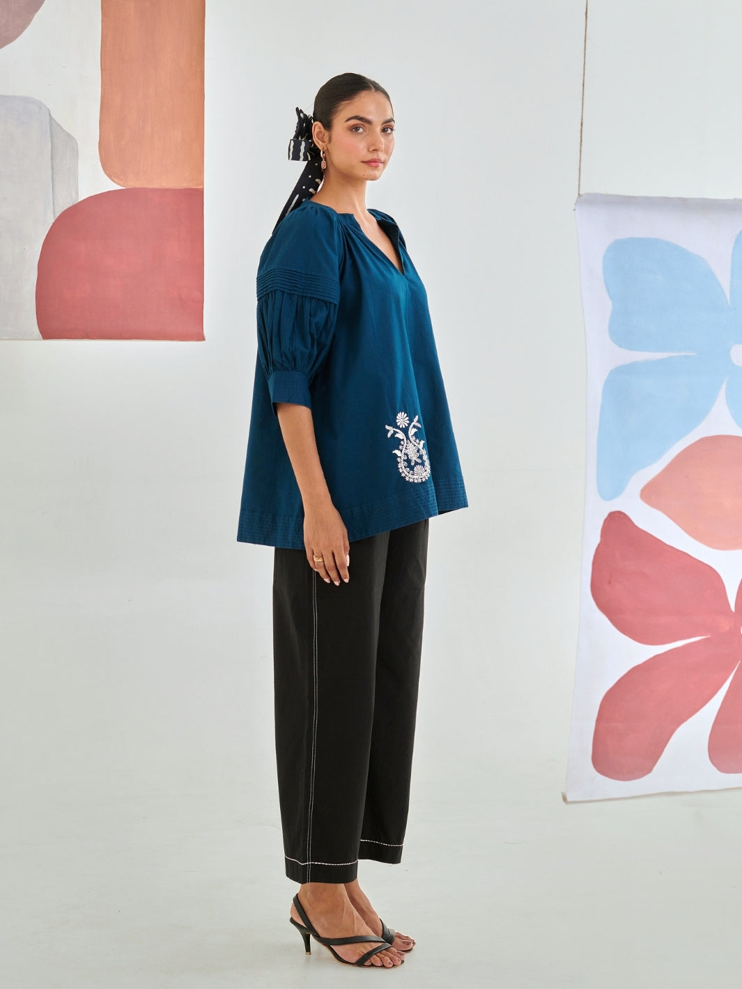 Teal Embroidered Top Paired With Black Pants With Kantha Detail