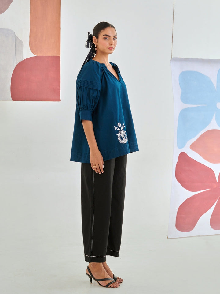Teal Embroidered Top Paired With Black Pants With Kantha Detail