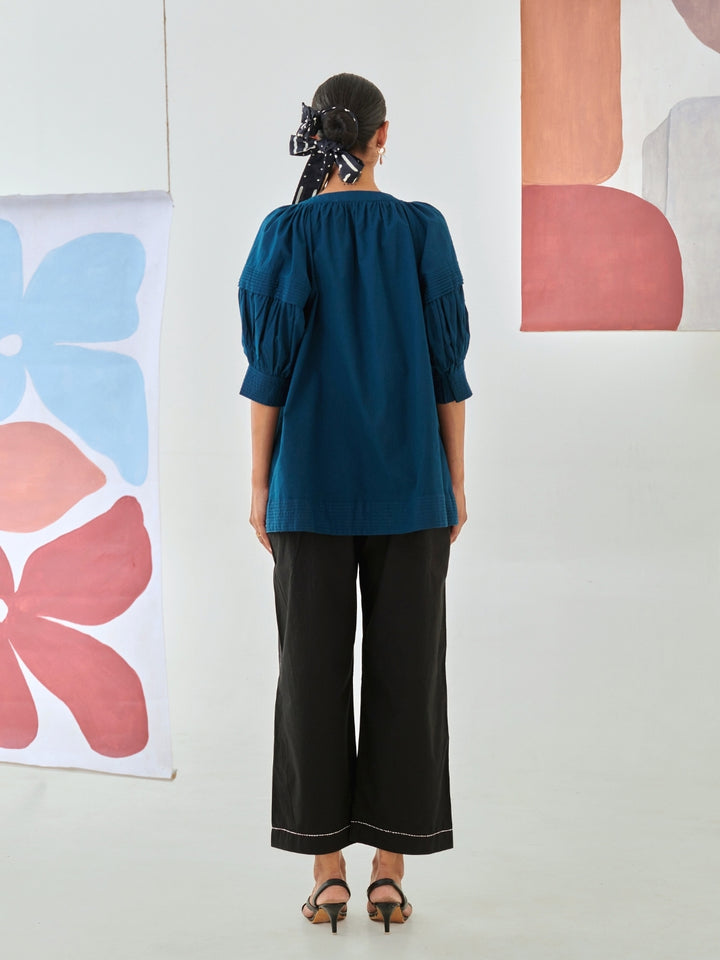 Teal Embroidered Top With Balloon Sleeves
