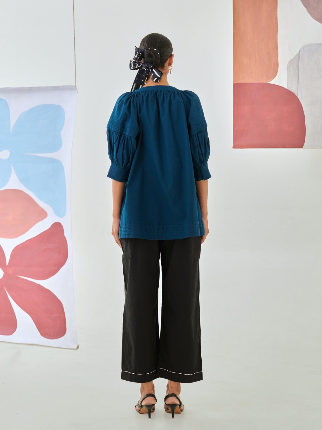 Teal Embroidered Top With Balloon Sleeves
