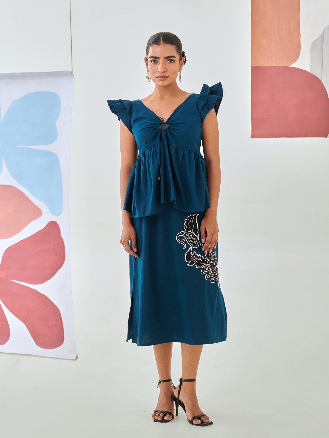 Teal Tie Up Top Paired With A Line Skirt With Patchwork Detail