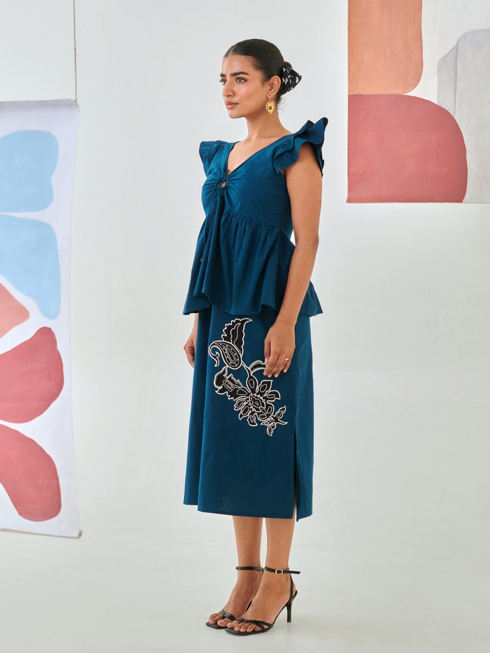 Teal Tie Up Top Paired With A Line Skirt With Patchwork Detail