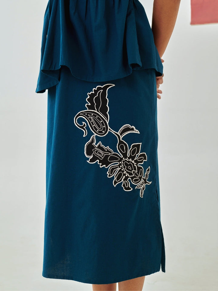 Teal Tie Up Top Paired With A Line Skirt With Patchwork Detail