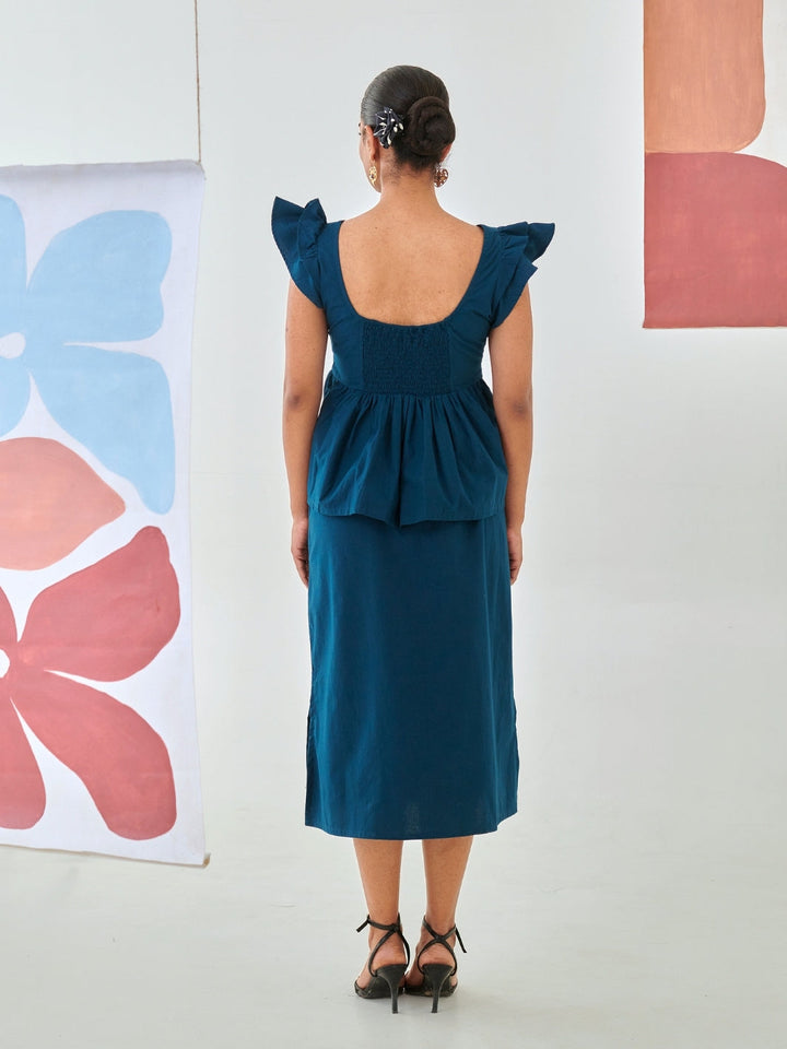 Teal Tie Up Top Paired With A Line Skirt With Patchwork Detail