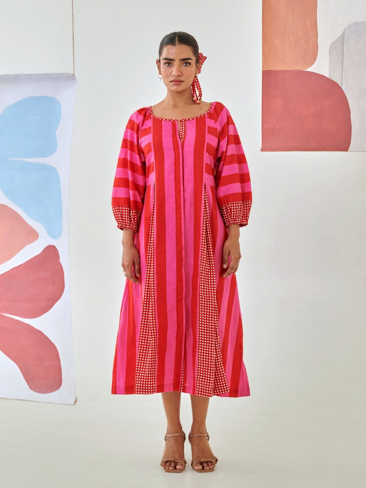 Pink & Red Striped Box Pleat Dress
