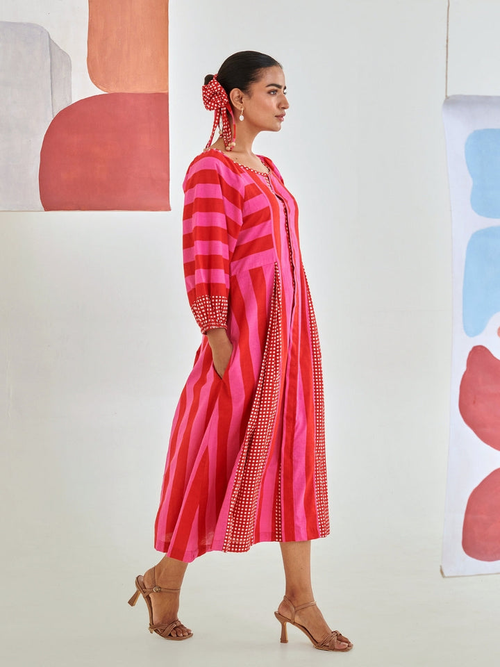 Pink & Red Striped Box Pleat Dress
