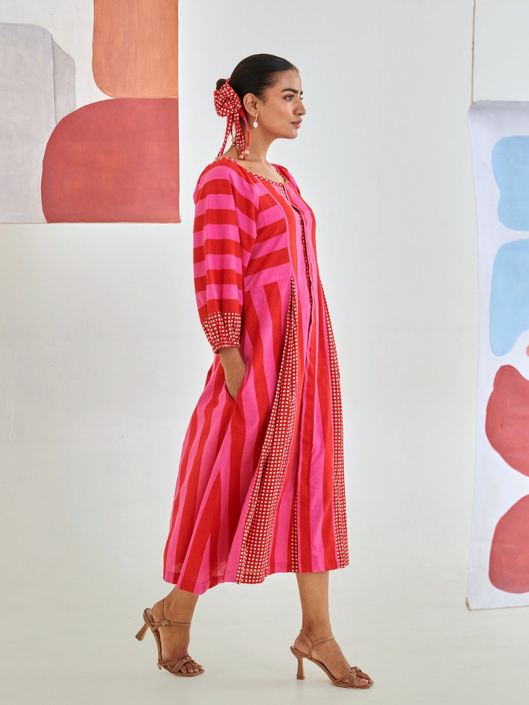 Pink & Red Striped Box Pleat Dress
