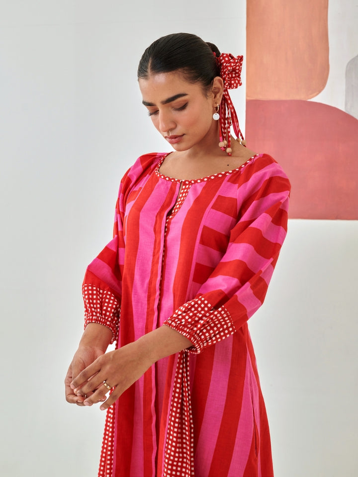 Pink & Red Striped Box Pleat Dress