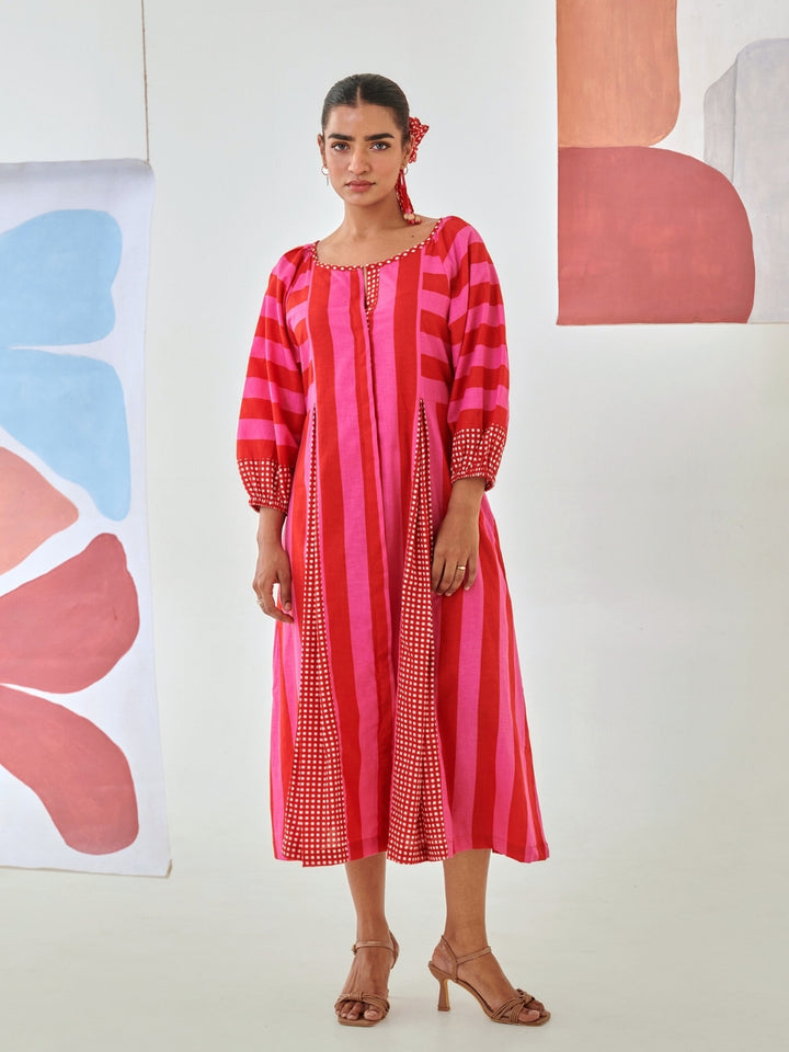 Pink & Red Striped Box Pleat Dress