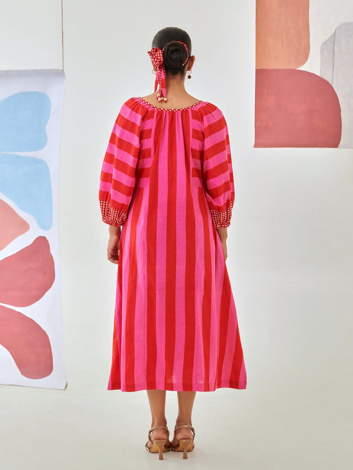 Pink & Red Striped Box Pleat Dress
