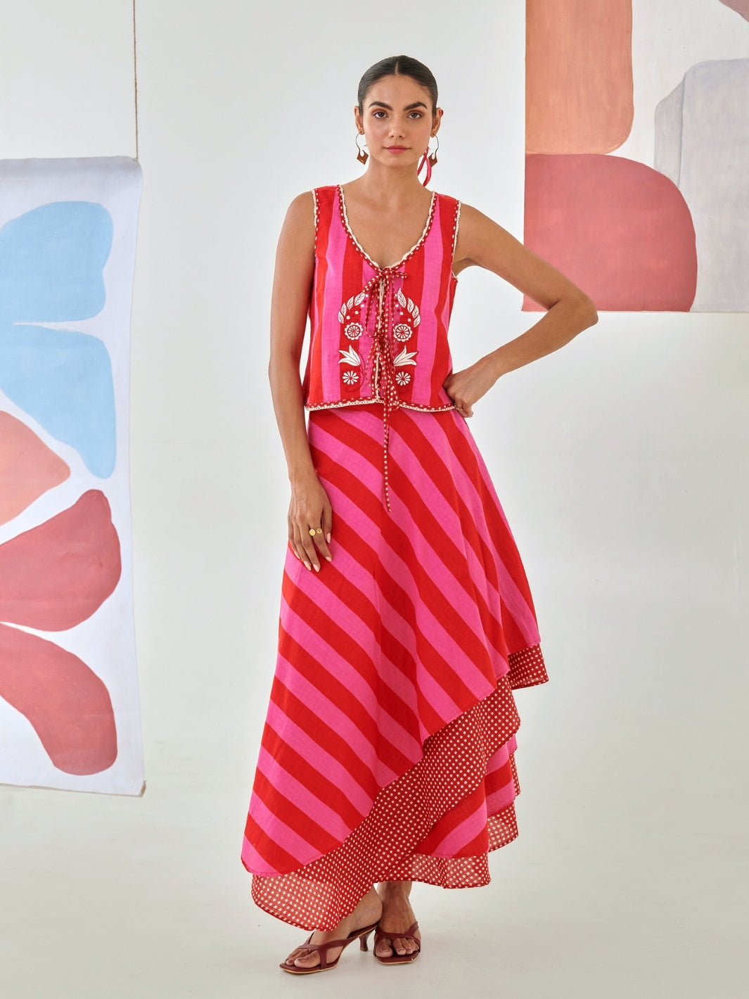 Pink & Red Layered Skirt Paired With Sleevless Embroidered Top