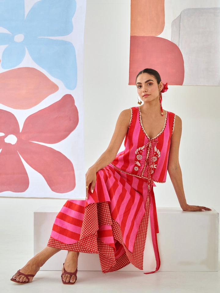 Pink & Red Layered Skirt Paired With Sleevless Embroidered Top