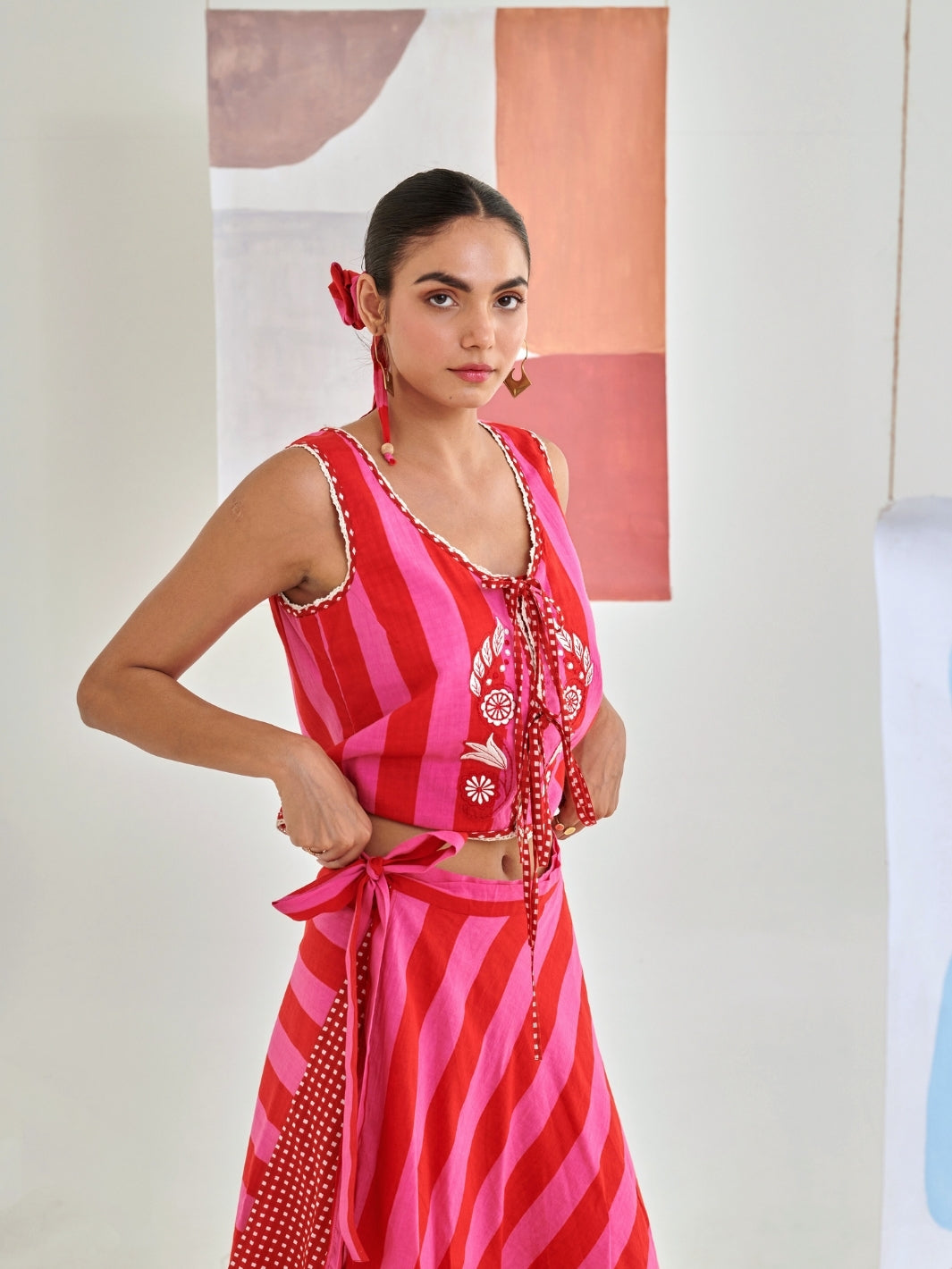Pink & Red Layered Skirt Paired With Sleevless Embroidered Top
