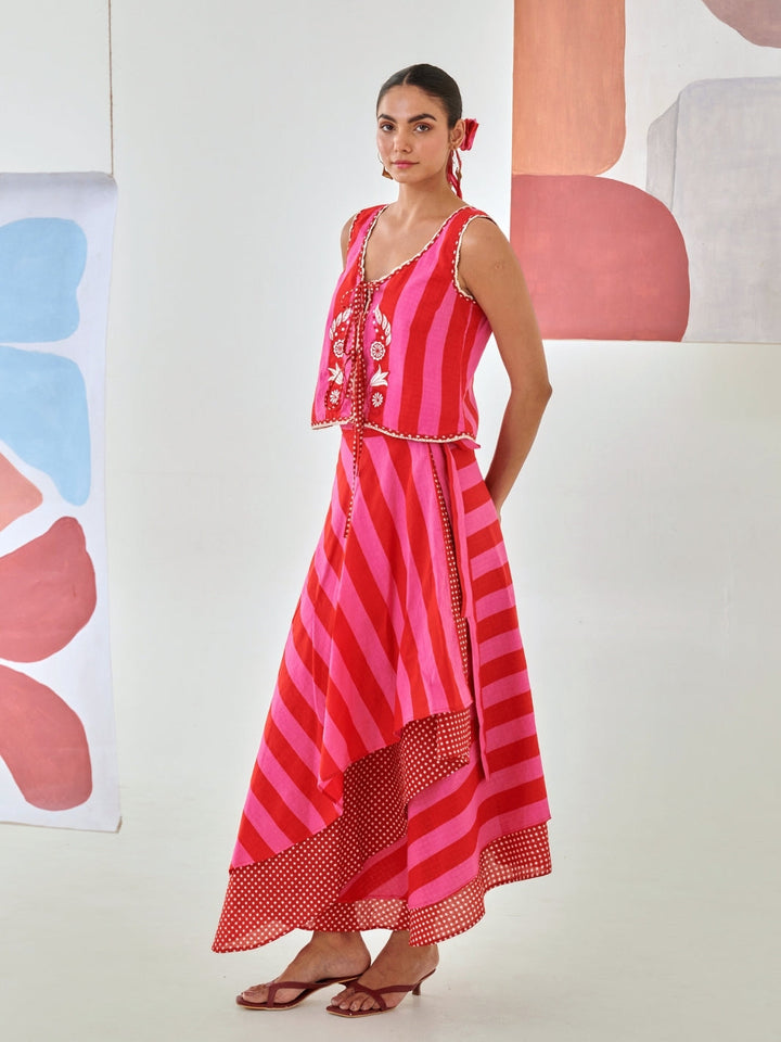 Pink & Red Layered Skirt Paired With Sleevless Embroidered Top