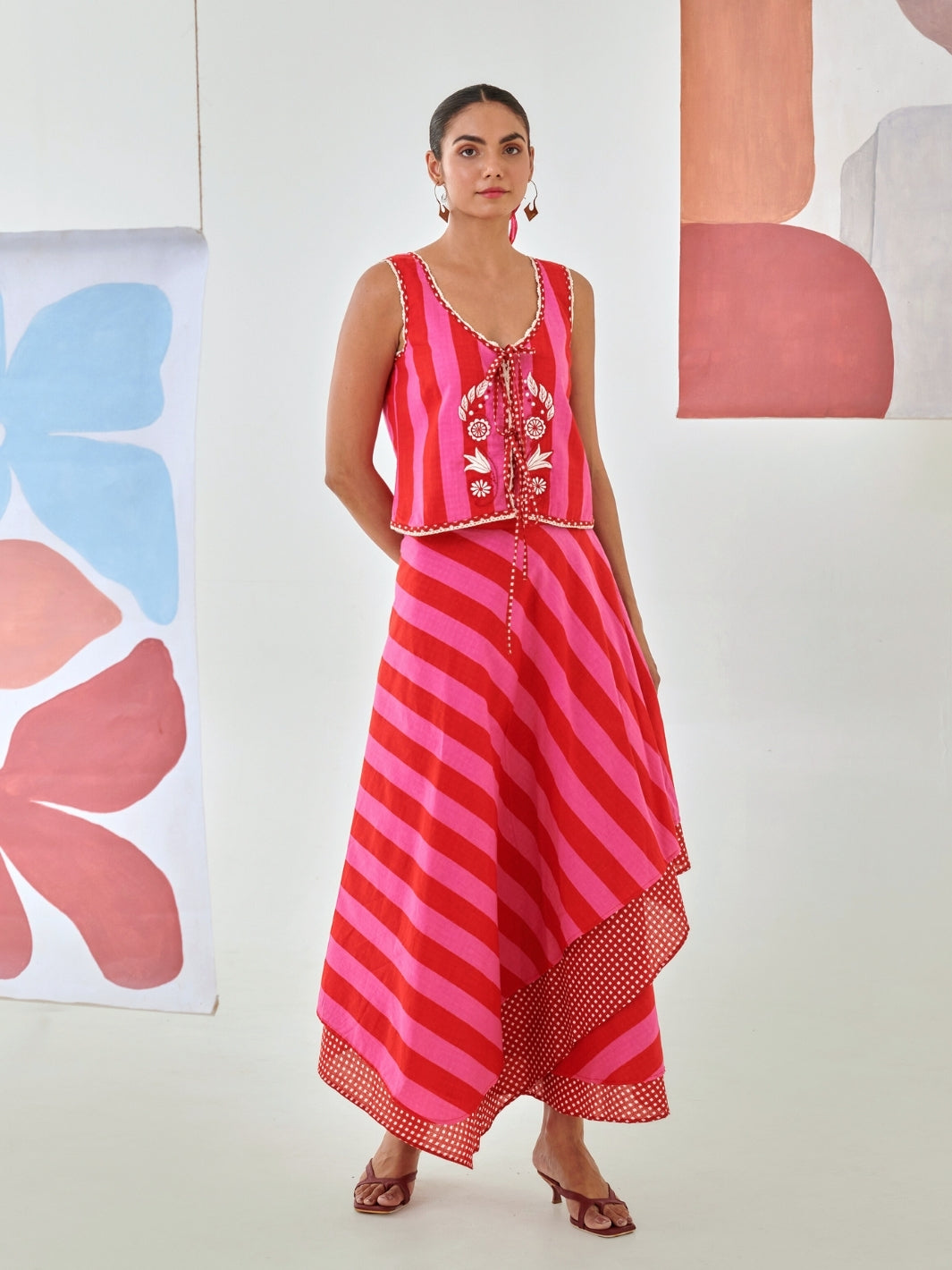 Pink & Red Layered Skirt Paired With Sleevless Embroidered Top
