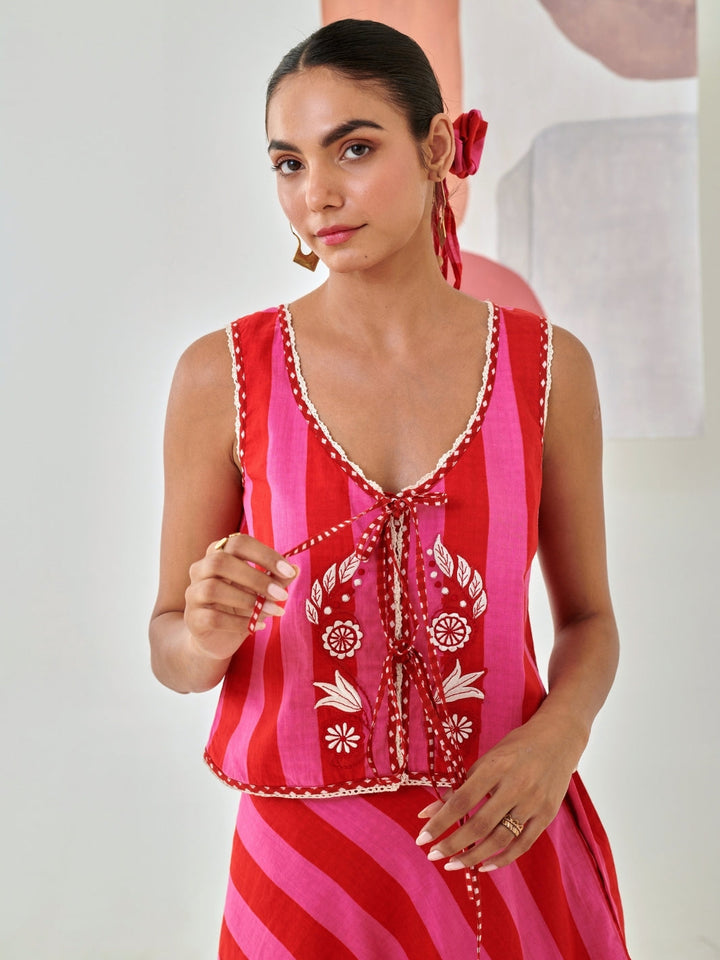 Pink & Red Layered Skirt Paired With Sleevless Embroidered Top