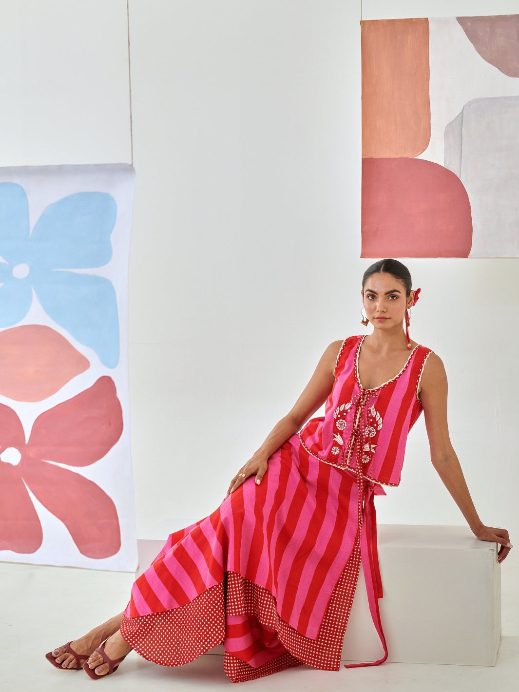 Pink & Red Layered Skirt Paired With Sleevless Embroidered Top
