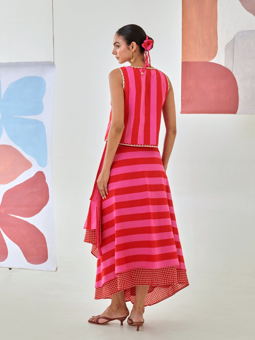 Pink & Red Layered Skirt Paired With Sleevless Embroidered Top