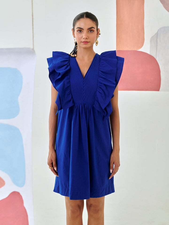 Blue Short Ruffled Dress With Pin-Tuck Detail