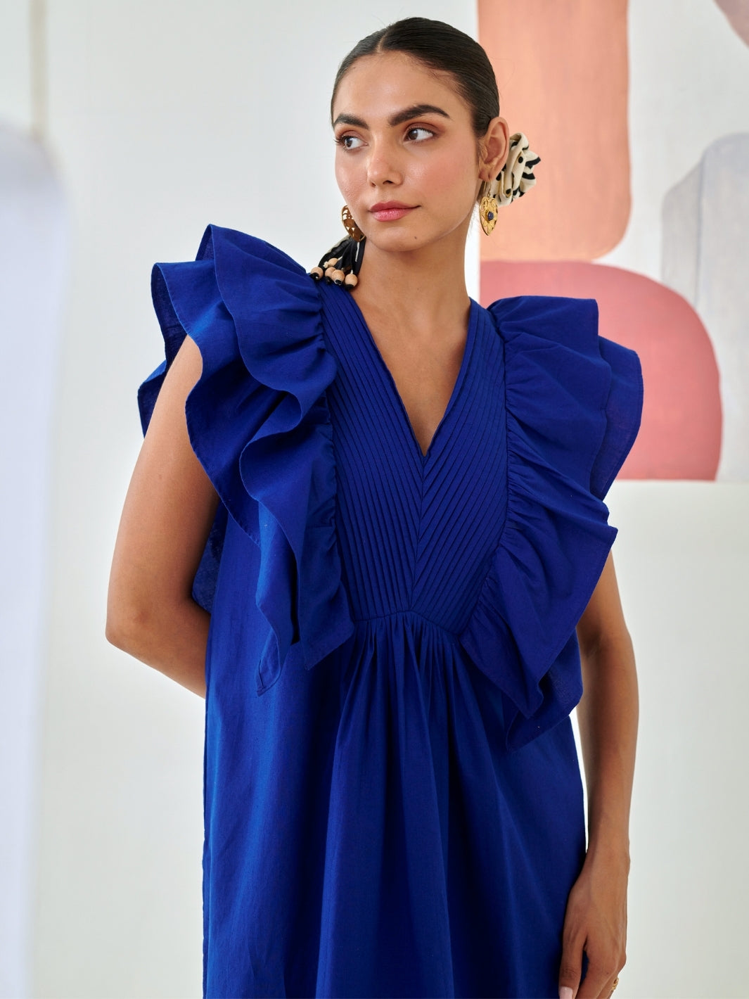 Blue Short Ruffled Dress With Pin-Tuck Detail