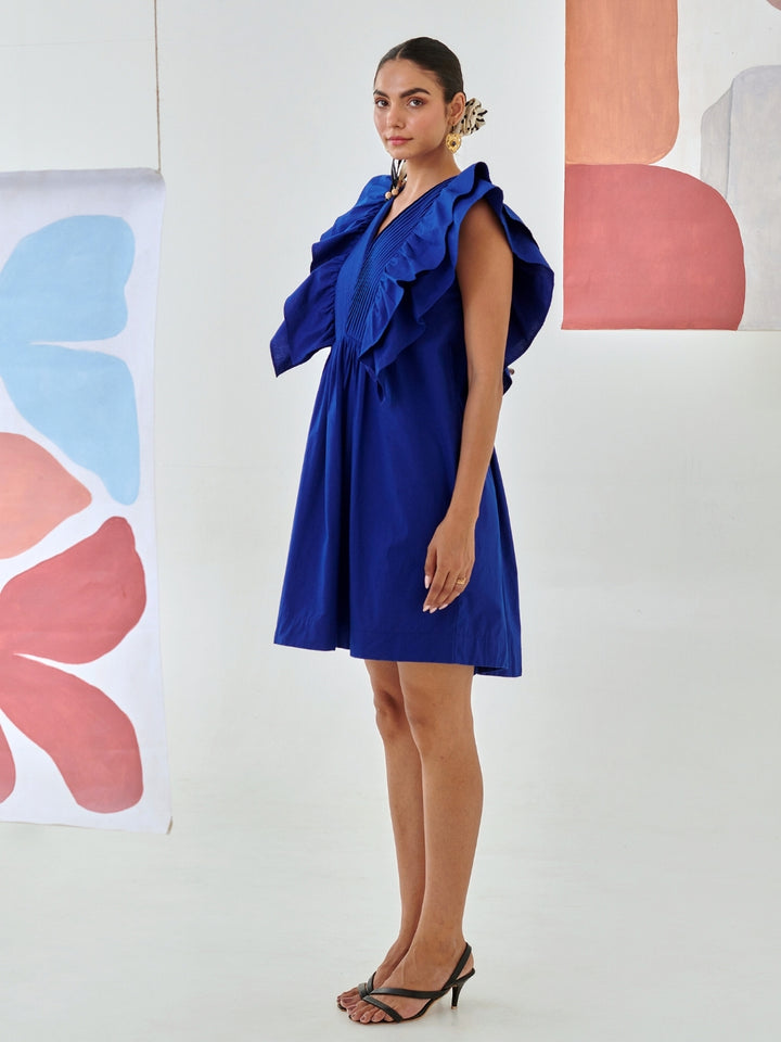Blue Short Ruffled Dress With Pin-Tuck Detail