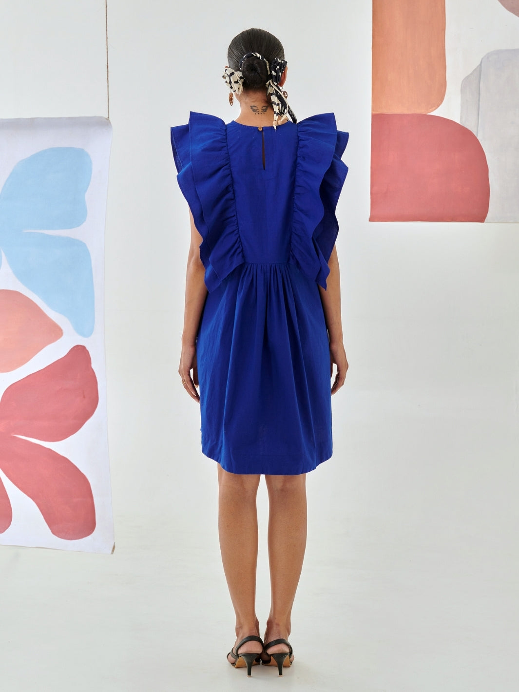 Blue Short Ruffled Dress With Pin-Tuck Detail