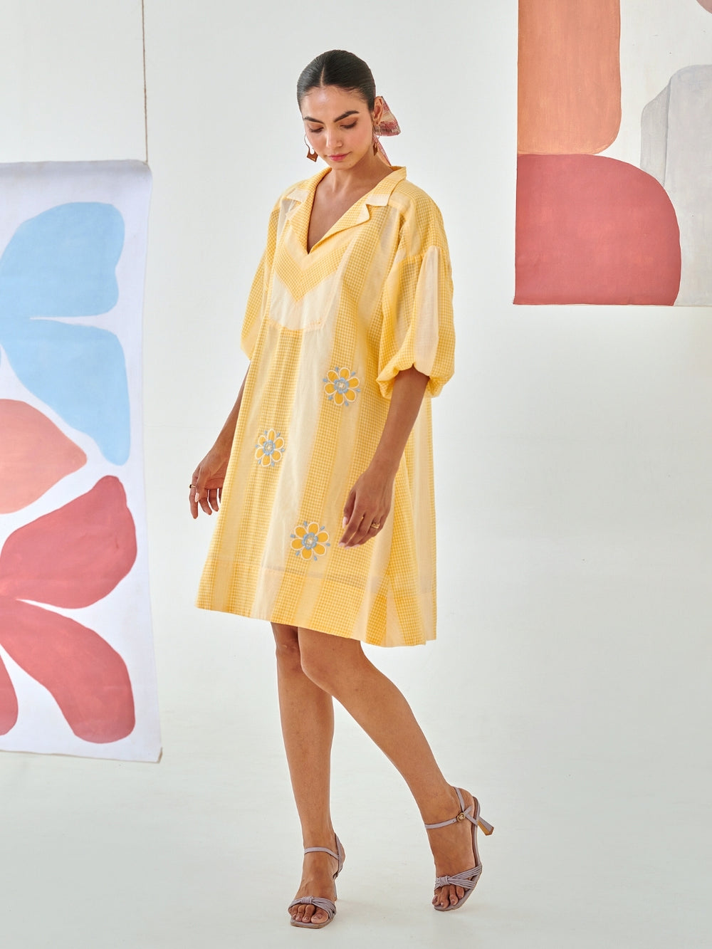 Yellow Check Short Dress With Floral Embroidery Detail
