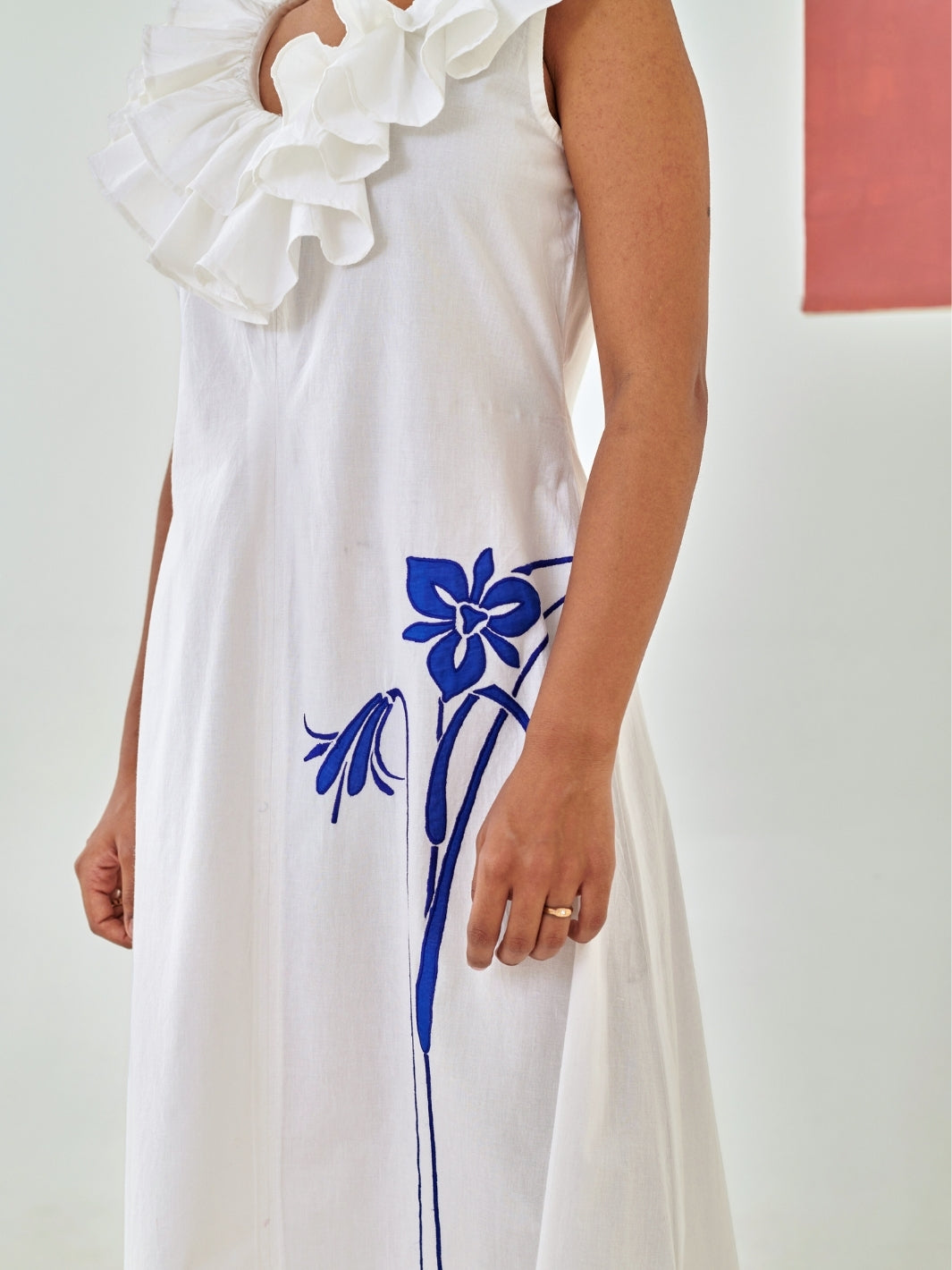 White A Line Dress With Ruffled Neckline & Embroidery Detail
