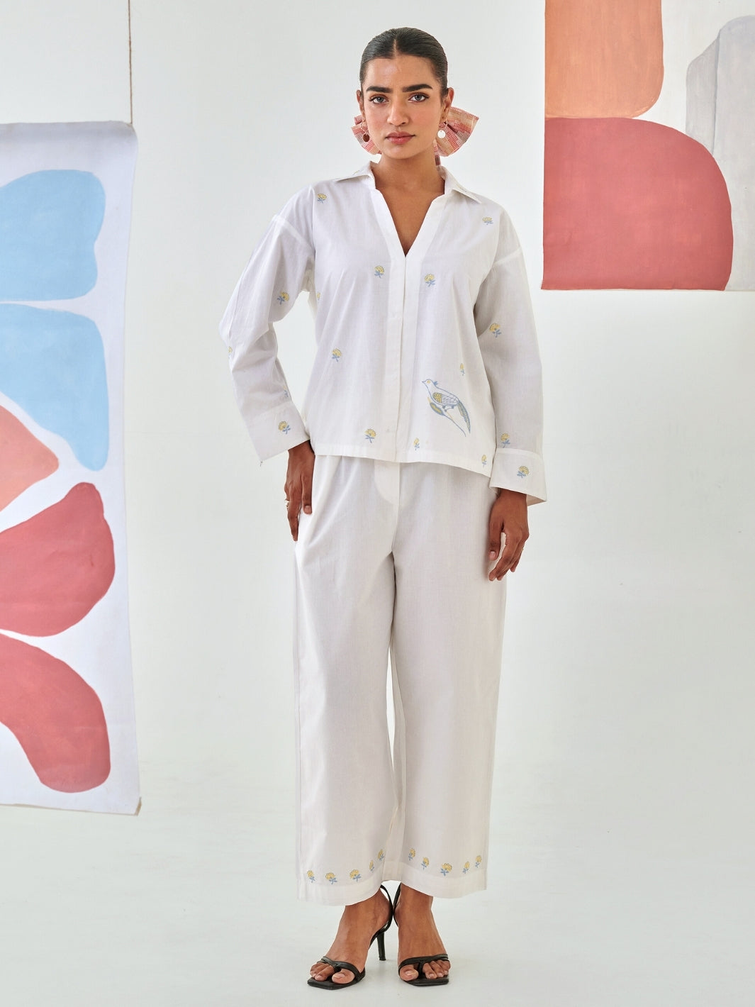 White Co-Ord Set With Floral Embroidery Detail