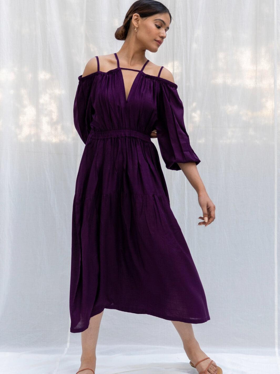Aubergine Cold Shoulder Long Cotton Maxi Dress – MoonTara