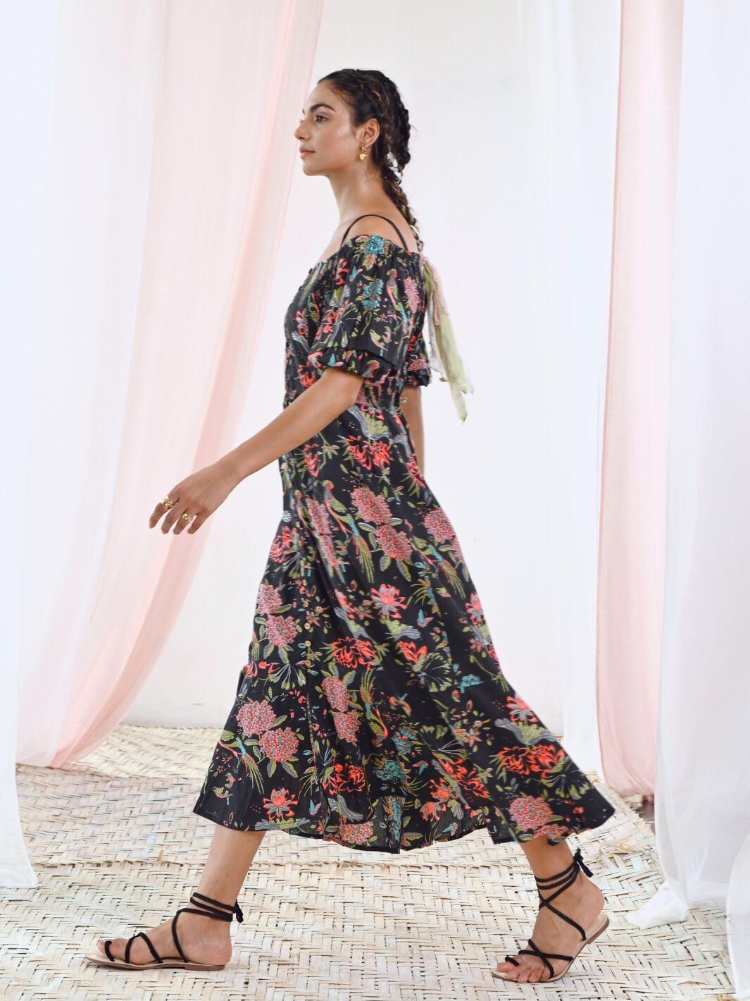 Black Cotton Maxi Cold Shoulder Dress – MoonTara
