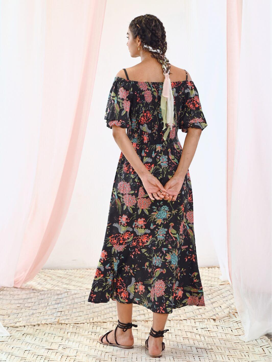 Black Cotton Maxi Cold Shoulder Dress – MoonTara