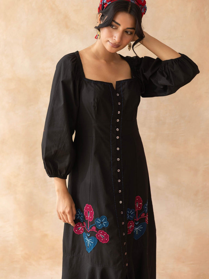 Midnight : Black Cotton Midi Dress for Women with Embroidered Floral Details