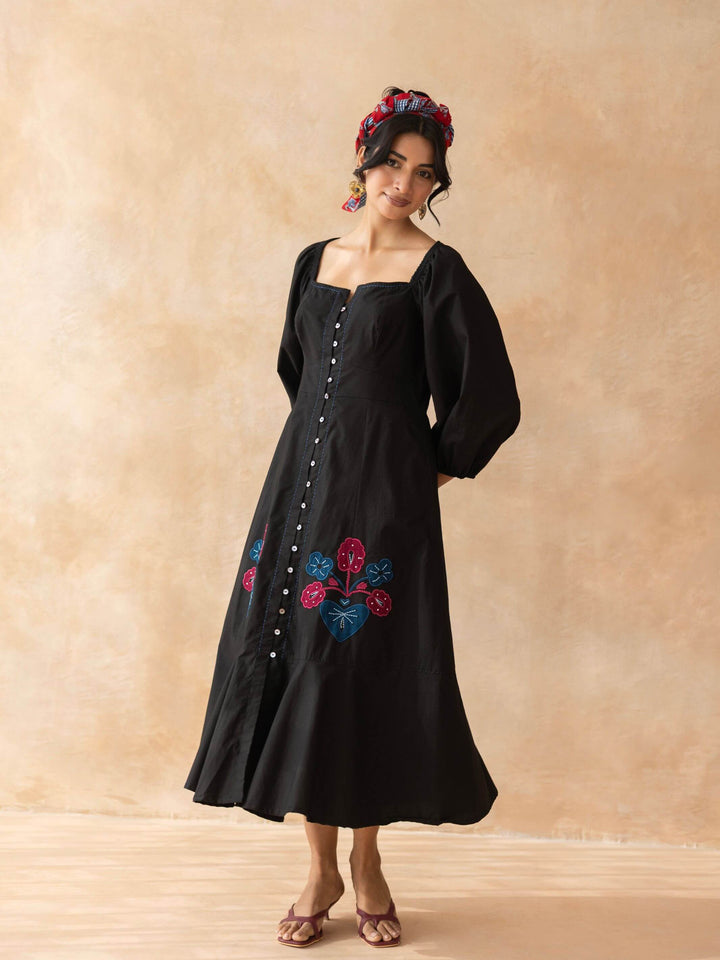 Midnight : Black Cotton Midi Dress for Women with Embroidered Floral Details