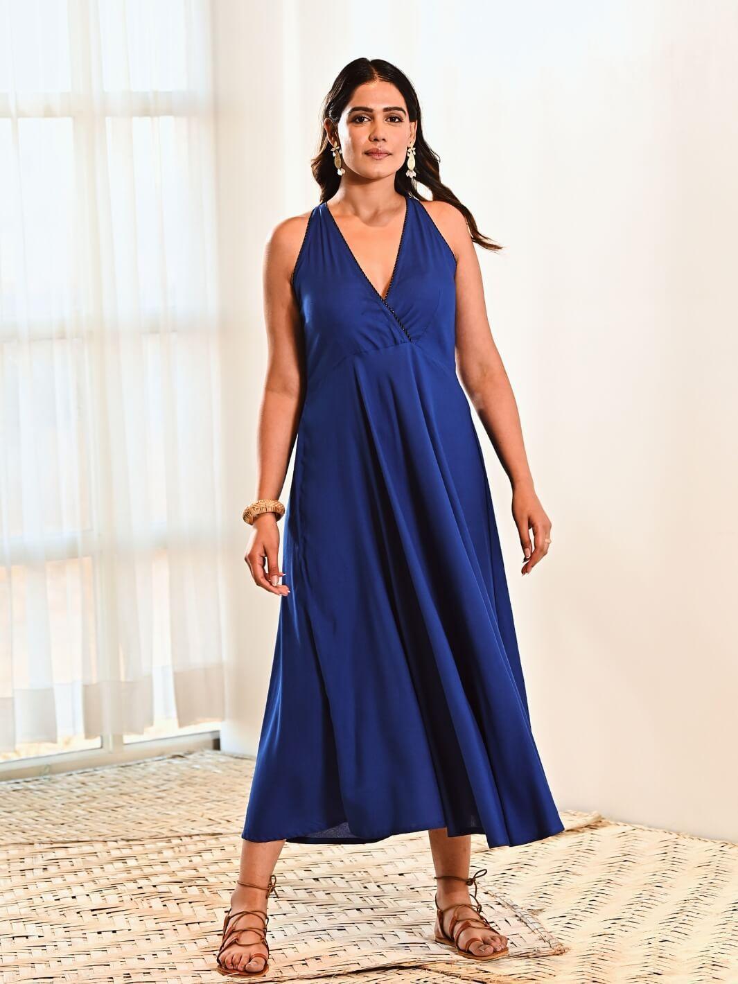 Blue Cotton Maxi Sleeveless Long Dress – MoonTara