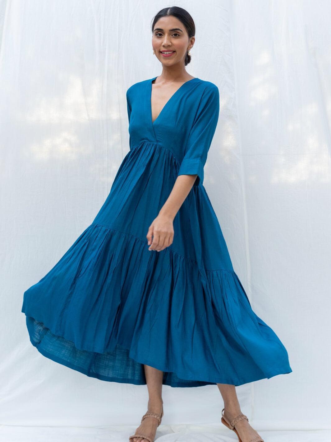 Cobalt Blue Flared Long Cotton Maxi Dress MoonTara Cobalt Blue Flared Long Cotton Maxi Dress MoonTara
