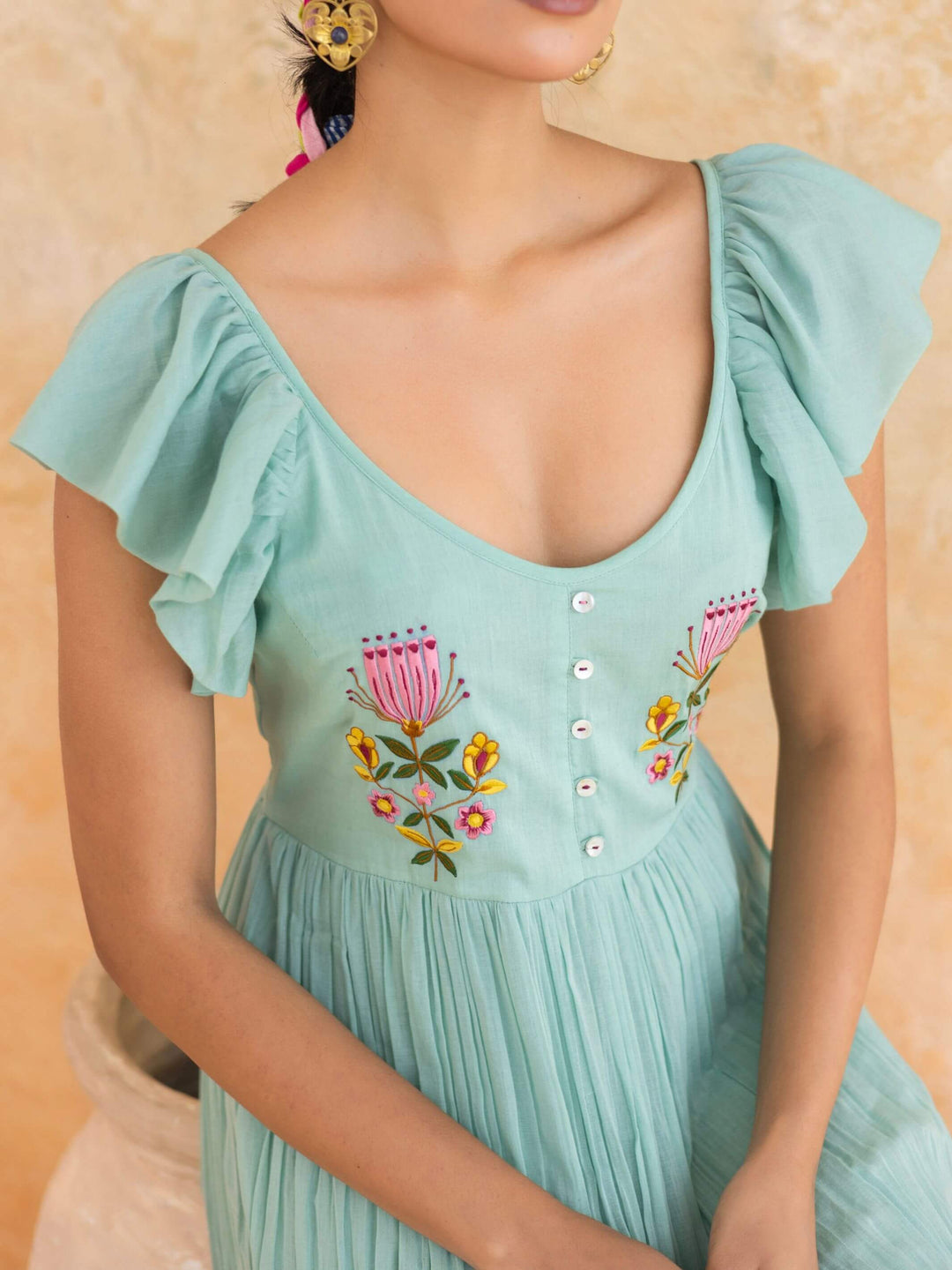 Rosie : Cotton Voile Maxi Dress for Women in Mint Green | Embroidered Tiered Summer Dress