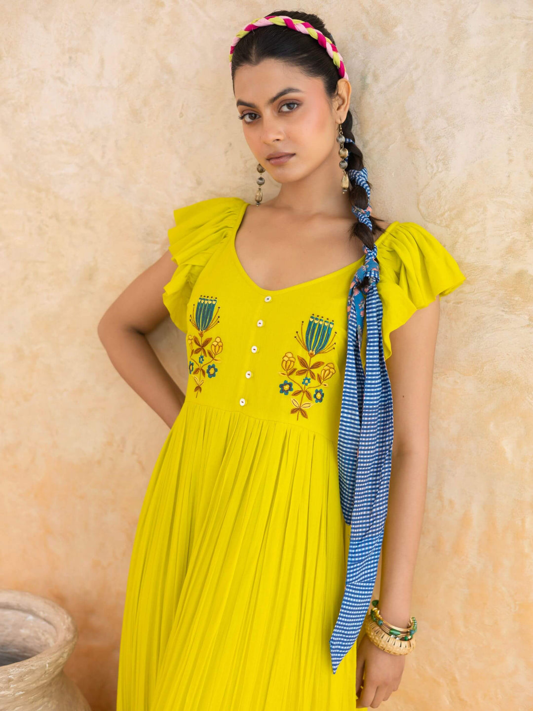 Limmon : Cotton Voile Maxi Dress for Women in Yellow | Voluminous Embroidered Summer Dress