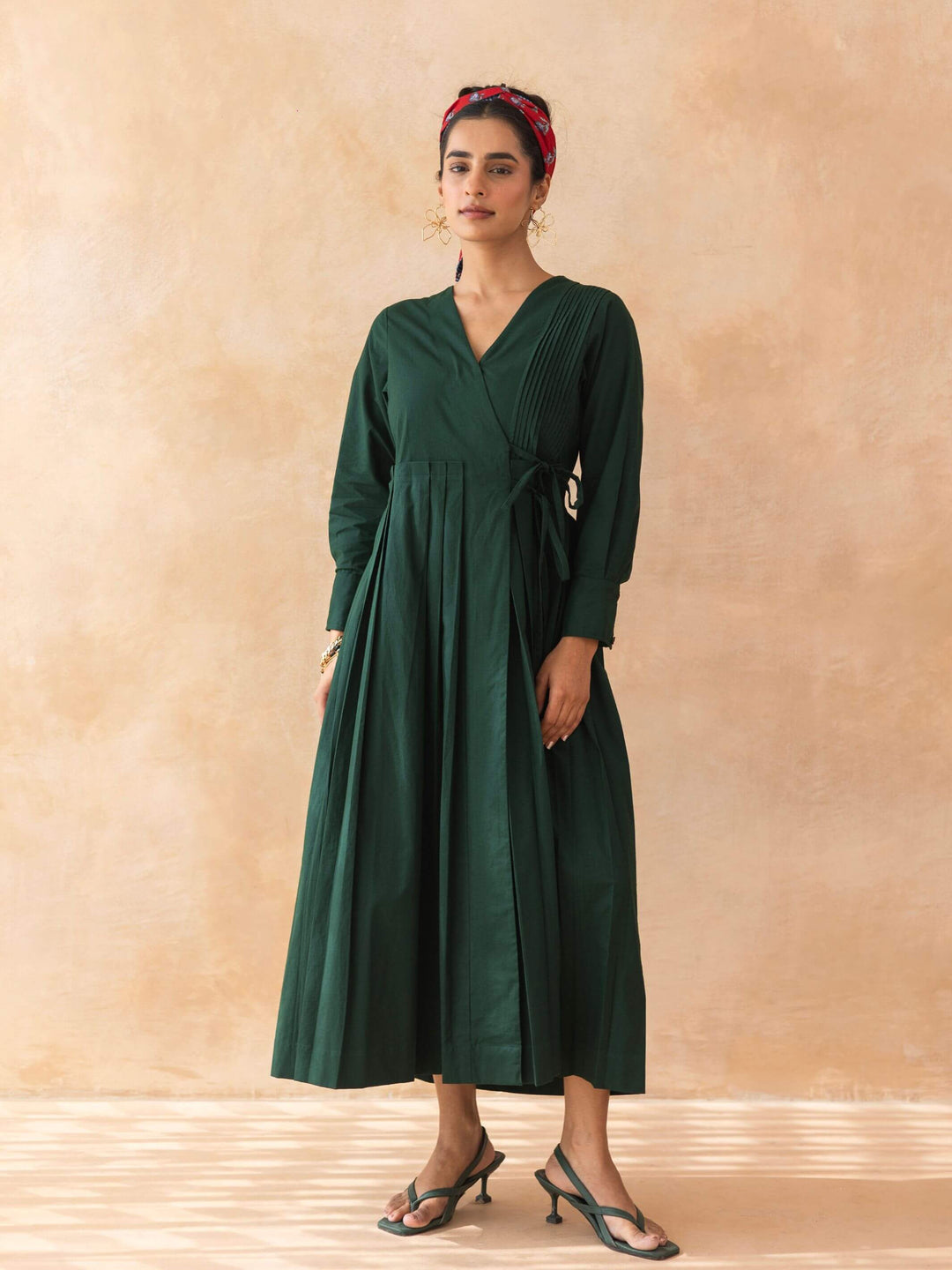 Mossie : Cotton Wrap Midi Dress in Dark Green