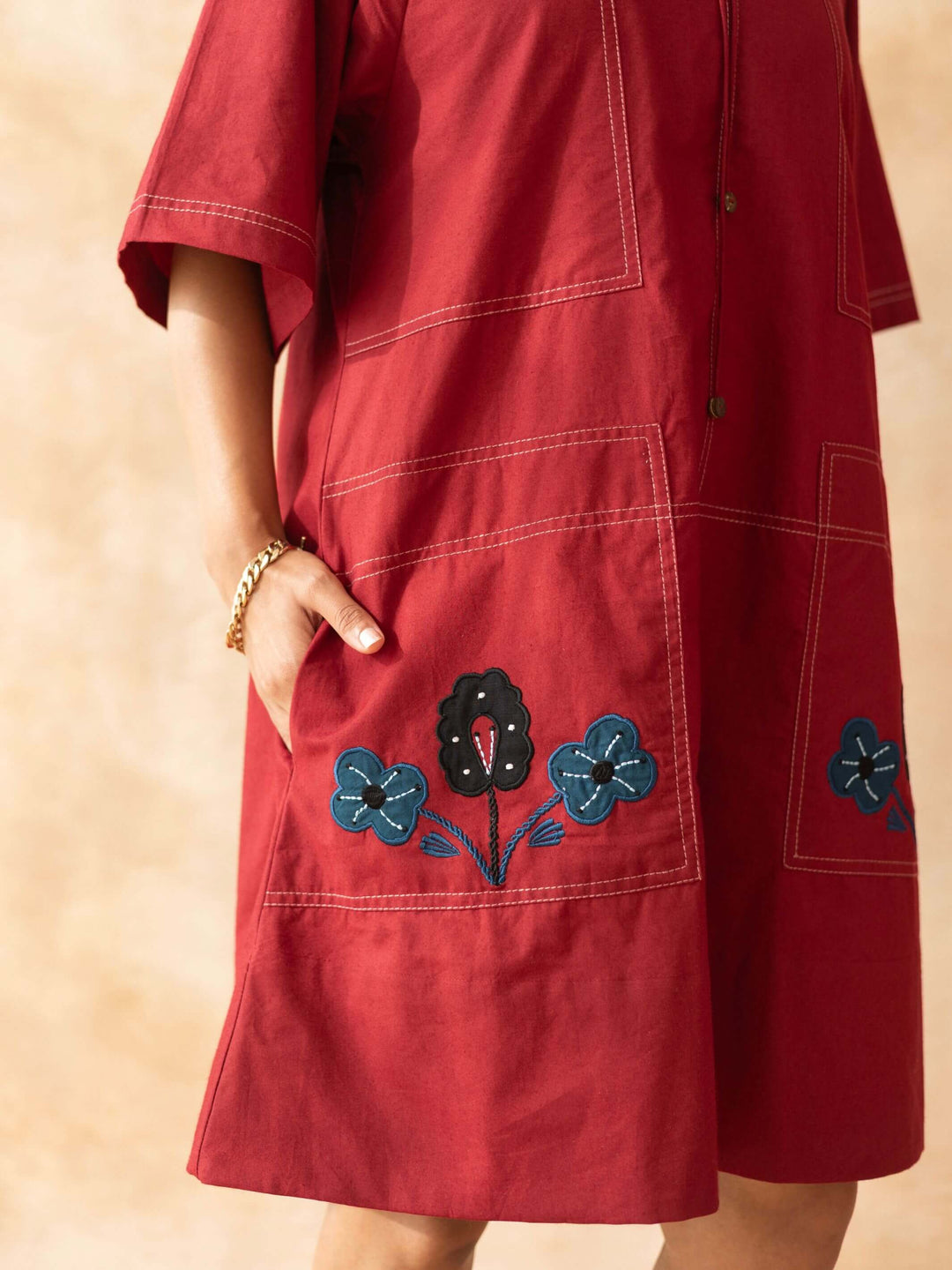 Marcella : Deep Maroon Cotton Knee-Length Dress with Embroidered Pockets