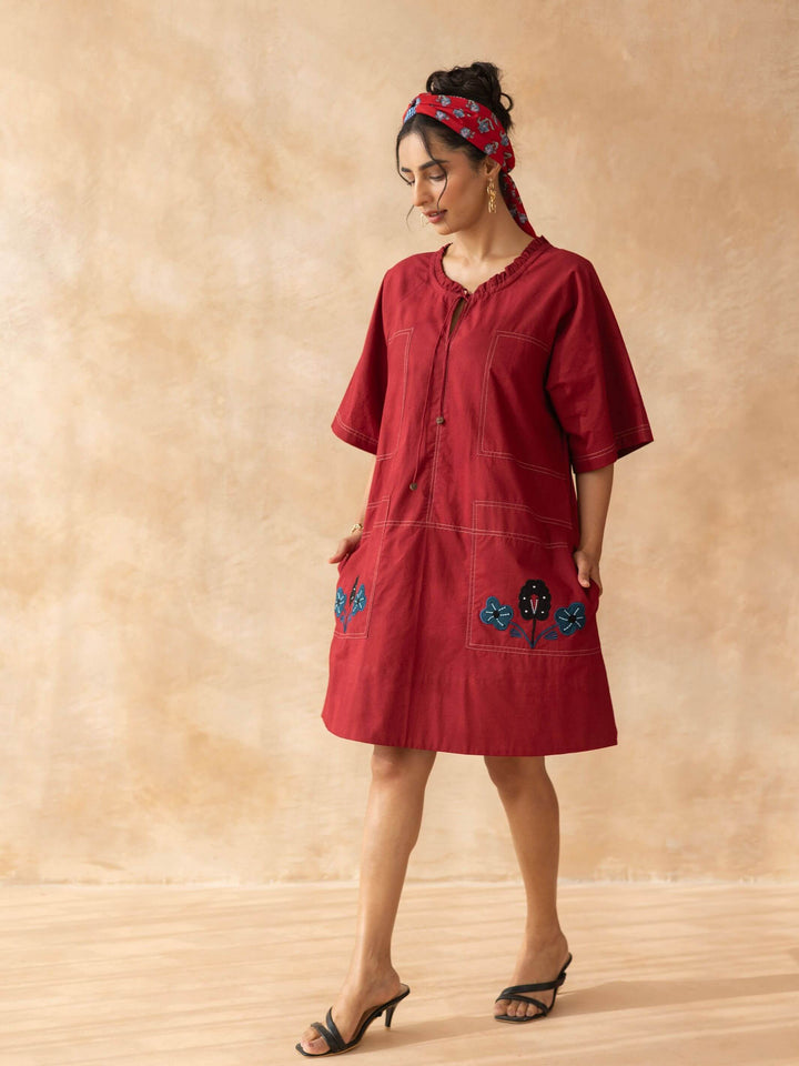 Marcella : Deep Maroon Cotton Knee-Length Dress with Embroidered Pockets