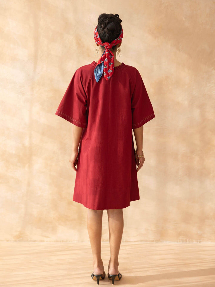 Marcella : Deep Maroon Cotton Knee-Length Dress with Embroidered Pockets