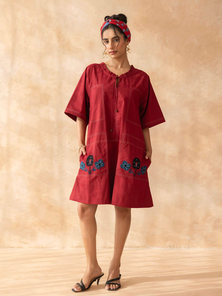 Marcella : Deep Maroon Cotton Knee-Length Dress with Embroidered Pockets