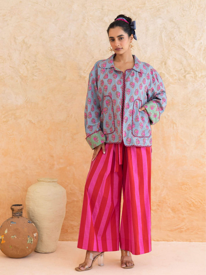 Aquella Set : Cotton Co-ord Set for Women in Dusty Blue | Floral Booti Jacket & Striped 2-Piece Summer Outfit