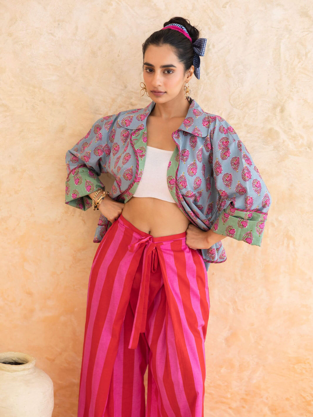 Aquella Set : Cotton Co-ord Set for Women in Dusty Blue | Floral Booti Jacket & Striped 2-Piece Summer Outfit